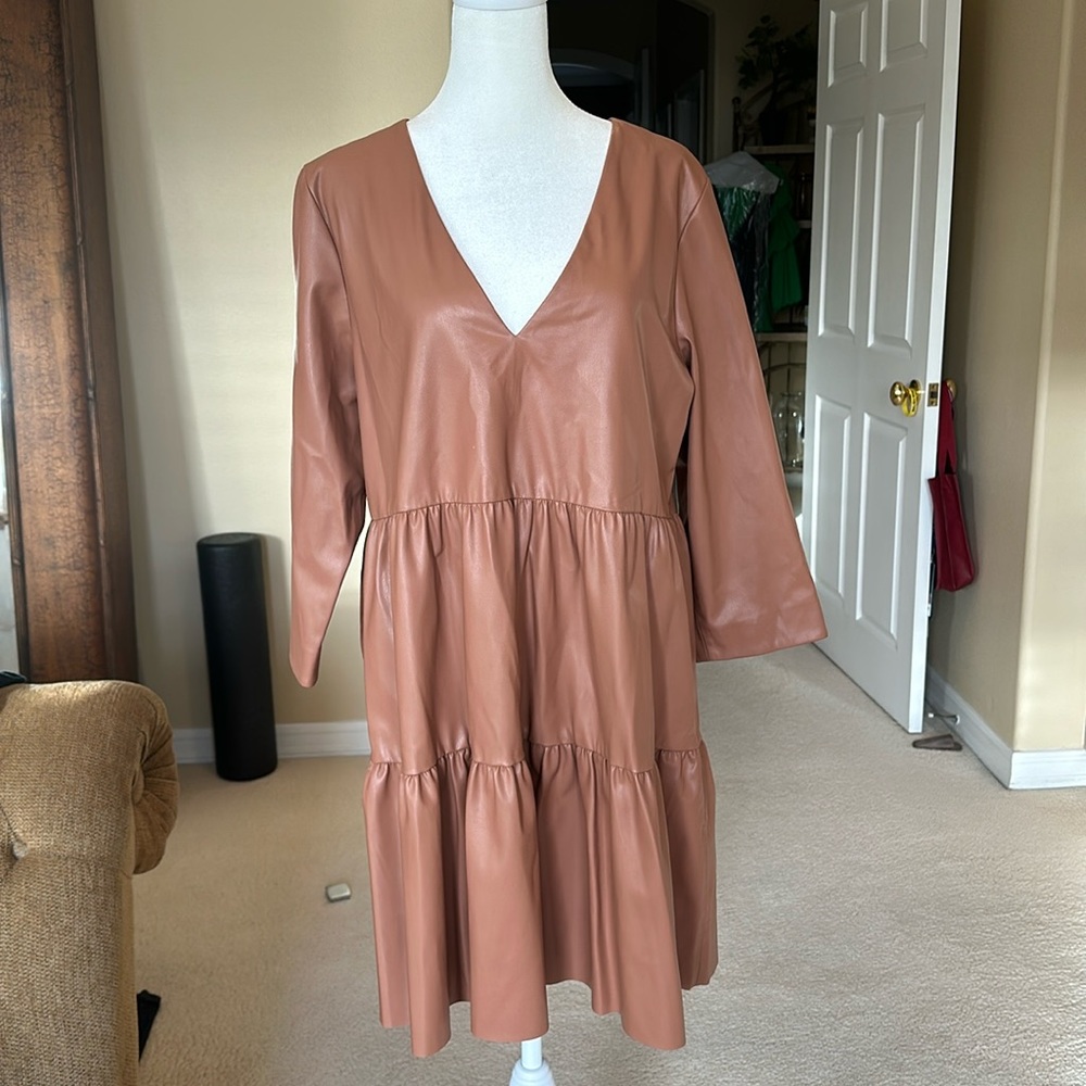 SALE - Zara Tan Pleather Mini Dress with Quarter Sleeves - Picture 2 of 6